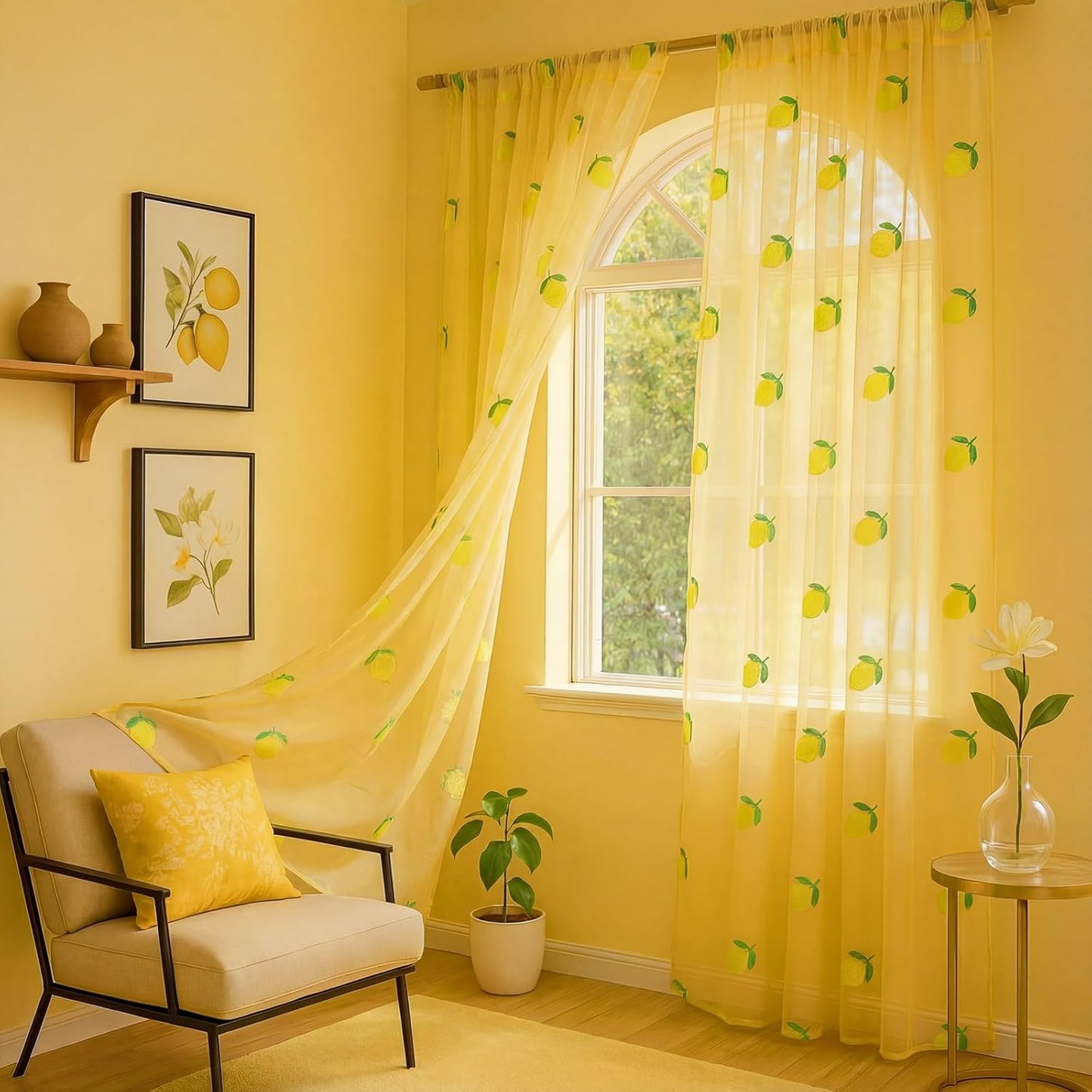 Tegeme 2 Panels Lemon Sheer Curtains for Girl Boy Bedroom 84 Inches Long Embroidered Voile Curtains Decorative Coquettish Sheer Shades Linen Window Decor for Summer Home Party Office