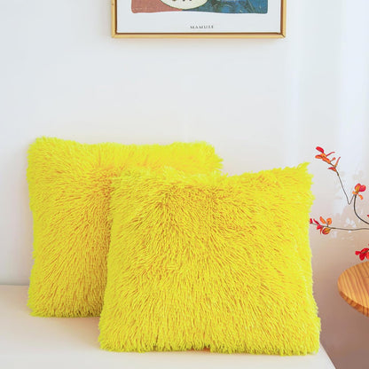 Besfunny Yellow Fuzzy Throw Pillow Covers 18"x18", Soft Decorative Fluffy Plush Yellow Pillow Cases, Furry Shaggy Faux Fur Cushion Covers for Sofa, Bed, and Living Room Decor, Set of 2 with Zipper