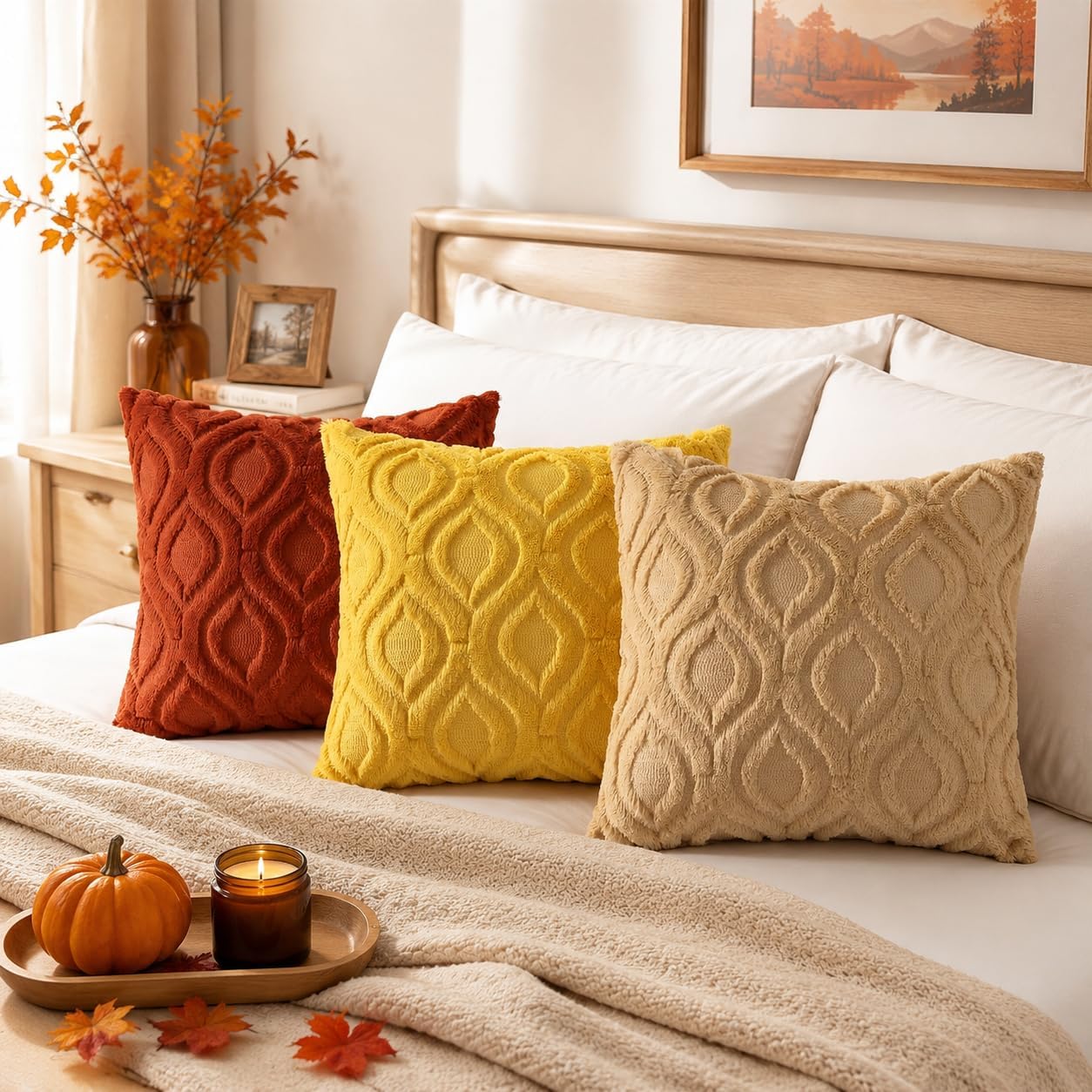 decorUhome Fall Throw Pillow Covers 18x18 Inch Set of 2, Soft Plush Faux Wool Mustard Yellow Solid Couch Pillow Covers, Accent Farmhouse Neutral Square Pillow Cases for Sofa Bed Living Room