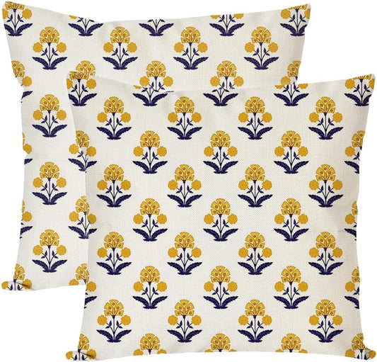 PANDICORN Block Print Throw Pillow Covers 18x18 Inch Set of 2 Yellow and Blue Vintage Boho Floral Outdoor Summer Decorations Decorative Throw Pillows Cases Covers for Home Living Room Couch Decor