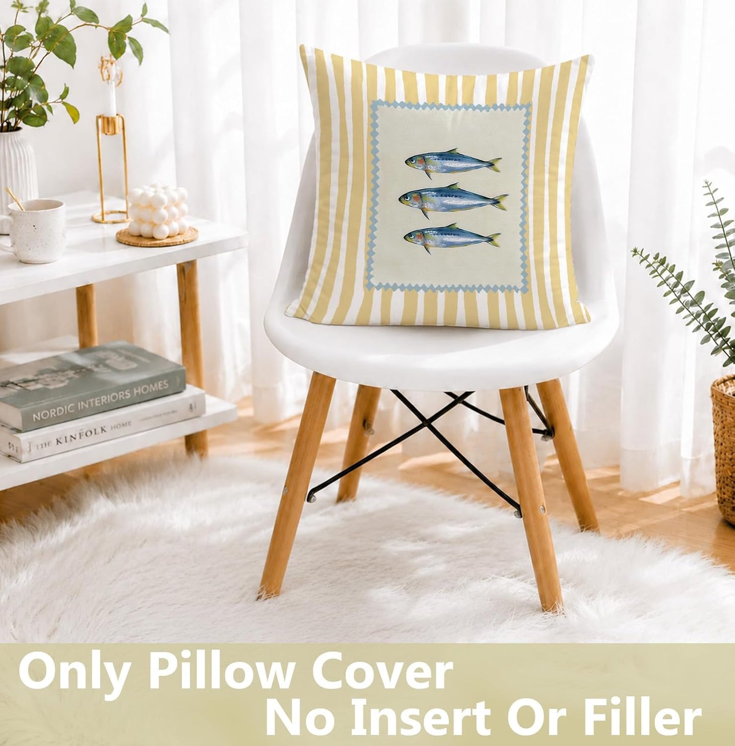 Sardine Fish Coastal Beach Pillow Cover 18x18, Beach House Decor, Trendy Fish Fishing Yellow Striped Decorative Throw Pillow Cover for Home Bedroom Living Room