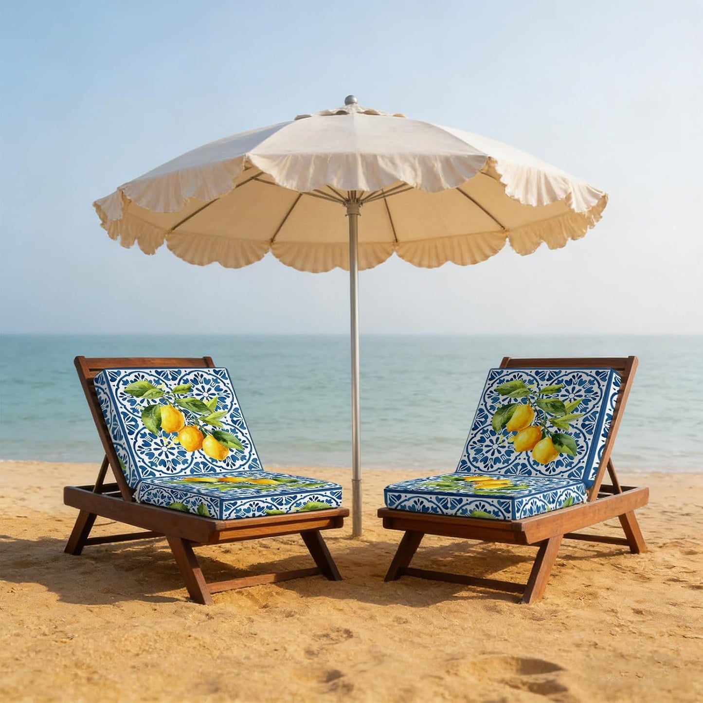 Yellow Lemon Indoor/Outdoor Seat Cushions Cover, Summer Country Fruits Italian Style Blue Waterproof Patio Chaise Lounge Cushion Cover for Beach Pool Side Chair Cushions 20''x18''x2pcs