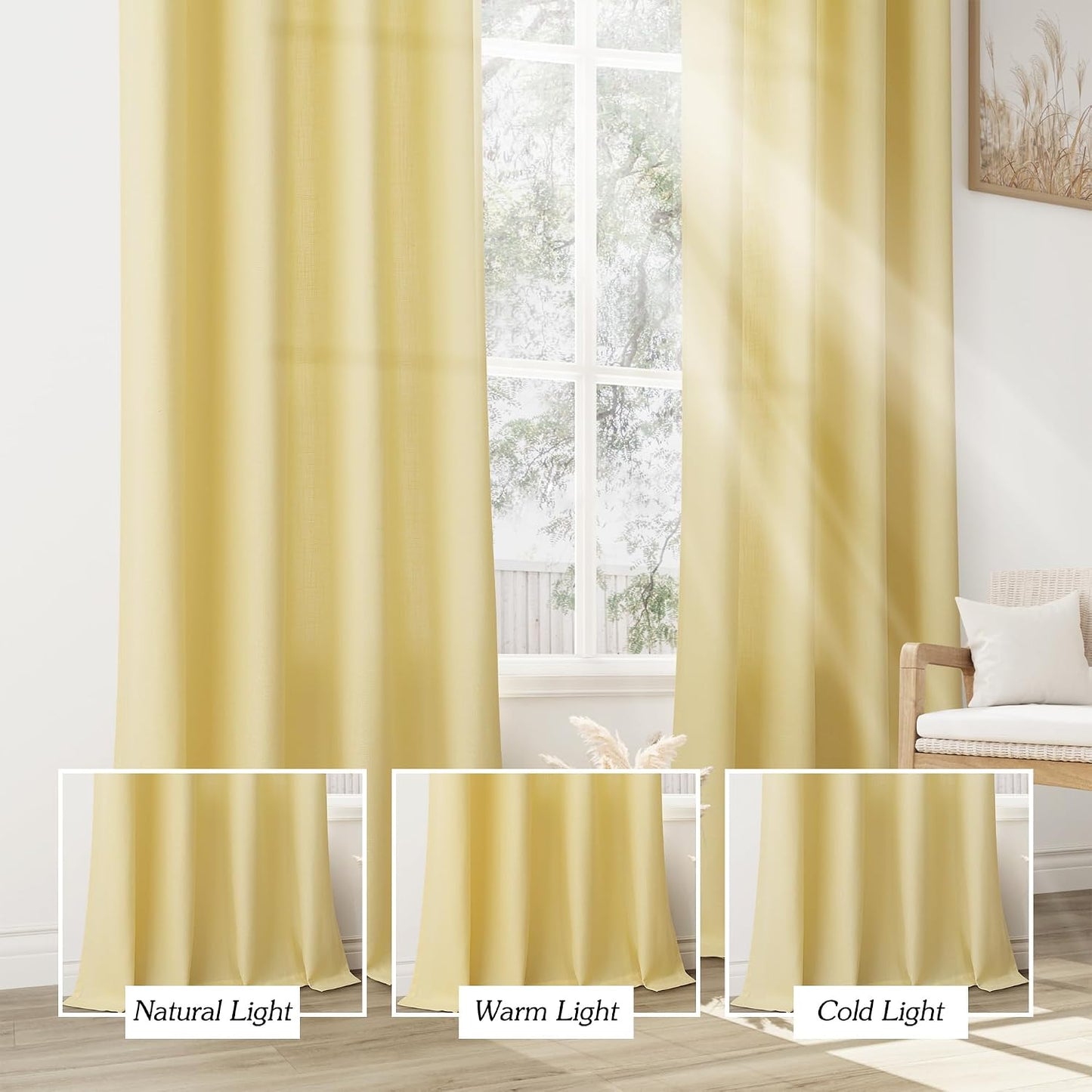 Jowels Yellow Linen Curtains 84 Inch Length 2 Panels for Living Room Bedroom, Light Filtering Sheer Curtains 84 Inches, Elegant Modern Grommet Semi Sheer Soft Privacy Drapes
