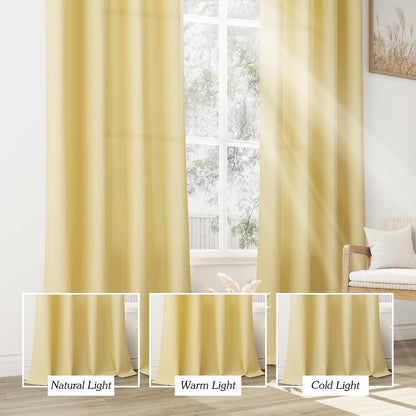 Jowels Yellow Linen Curtains 84 Inch Length 2 Panels for Living Room Bedroom, Light Filtering Sheer Curtains 84 Inches, Elegant Modern Grommet Semi Sheer Soft Privacy Drapes