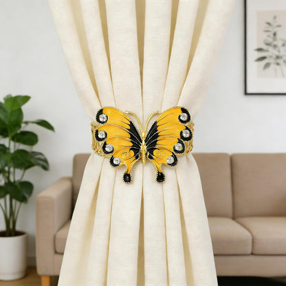 Butterfly Curtain Tiebacks 2 Pack Yellow Enamel & Rhinestone Insect Curtain Holdbacks,No Drill Curtain Ties Auto-Closing,Boho Curtain Tie Backs for Farmhouse Kitchen Living Room Bedroom Decor