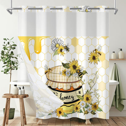 No Hook Bee Shower Curtain with Snap for Bathroom 71x74 Inch Cute Yellow Sunflower Shower Curtains in Liner Set Honey Jar Waterproof Fabric Double Layers Washable for Hotel Decorative