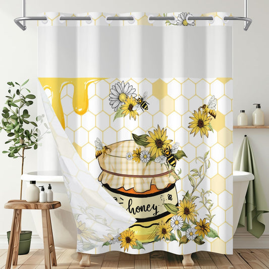No Hook Bee Shower Curtain with Snap for Bathroom 71x74 Inch Cute Yellow Sunflower Shower Curtains in Liner Set Honey Jar Waterproof Fabric Double Layers Washable for Hotel Decorative