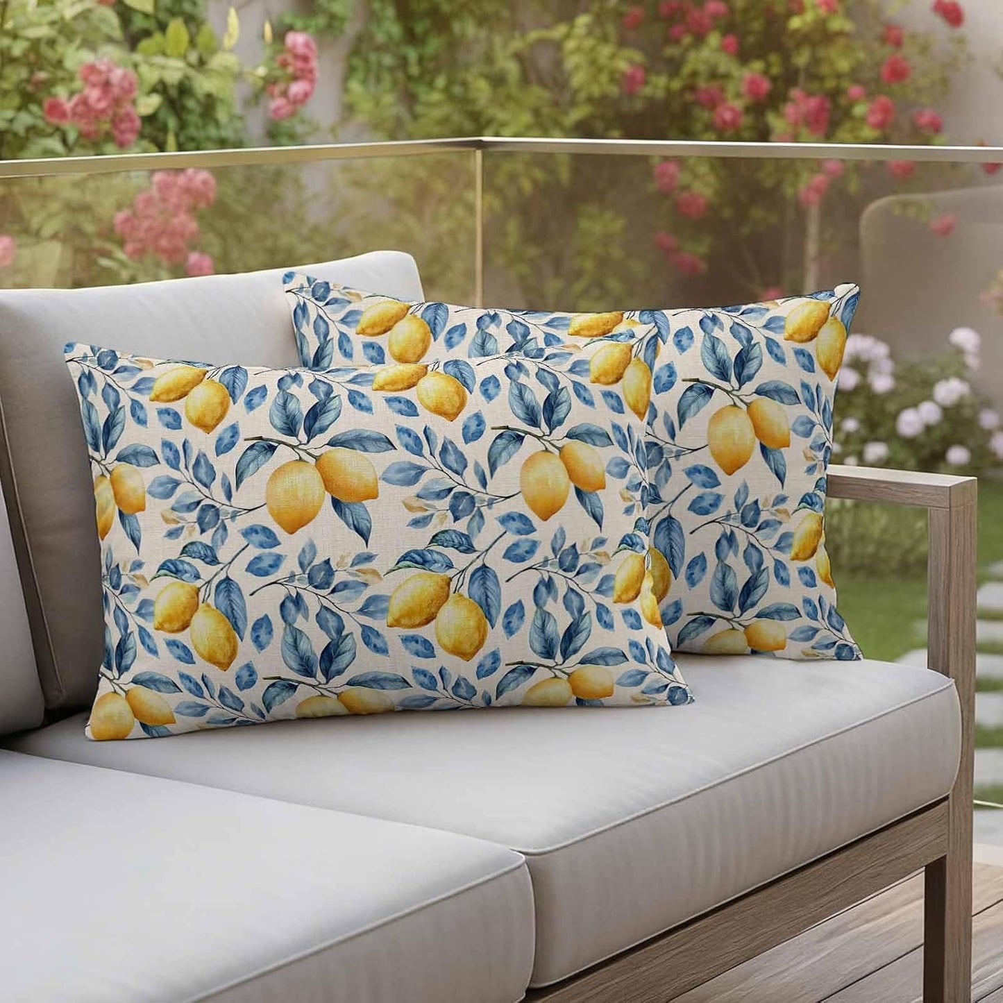 Outdoor Waterproof Throw Pillow Covers, Lemon Decorative Pillow Cases, Spring Summer Pastoral Fruit Leaf Branch Couch Pillow Protector Patio Sofa Cushion Covers Replacement 20"x12" 2 Pack