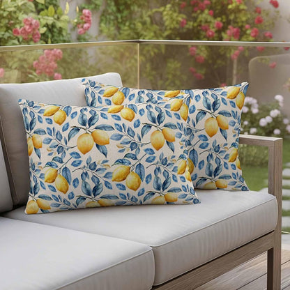 Outdoor Waterproof Throw Pillow Covers, Lemon Decorative Pillow Cases, Spring Summer Pastoral Fruit Leaf Branch Couch Pillow Protector Patio Sofa Cushion Covers Replacement 20"x12" 2 Pack