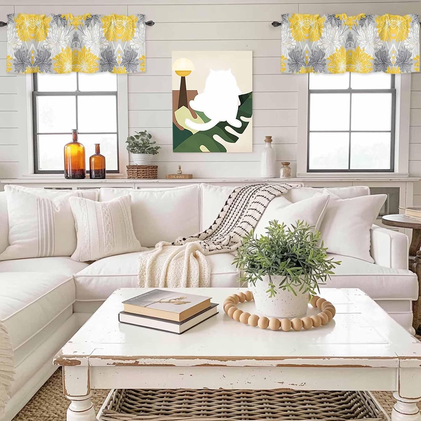 Savannan Window Valance Curtain, Abstract Flowers on Gray Rod Pocket Short Curtain Valances for Kitchen Bedroom Living Room Cafe 1 Panel 42x18in Watercolor Yellow White Flowers
