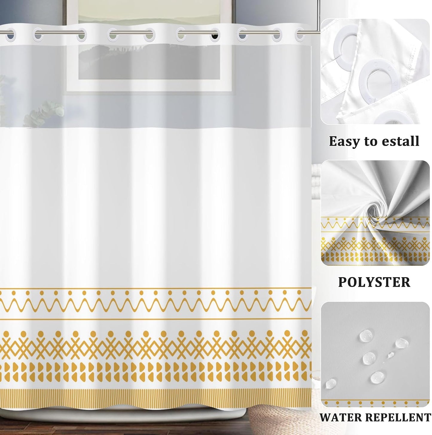 No Hook Yellow White Stripe Shower Curtain with Snap in Fabric Liner Set Abstract Minimalist Double Layer Bathtubs Hotel Curtain Set Waterproof Fabric with See Through Top Window 71x74 Inch