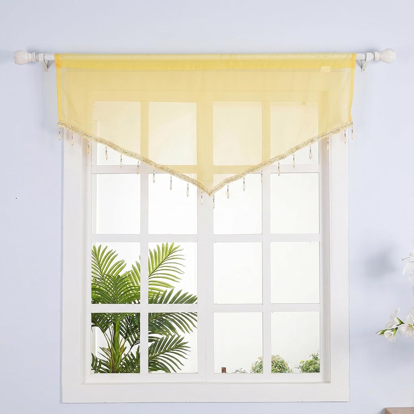 Molaxhome Swag Curtain 51 inch Length Rod Pocket Scalloped Curtain Valance Sheer Lace Panels with Hanging Crystal Beads for Kitchen Bedroom Window Treatments Drape Decor 1pc (Yellow, 51Wx23L)