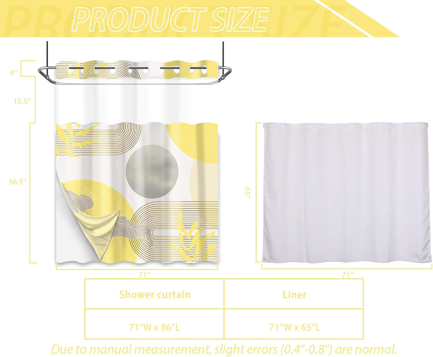 Mustard Yellow and Grey Hookless Shower Curtain with Snap in Liner, Yellow and White No Hook Double Layer Shower Curtain and Liner Set, Waterproof Cloth Fabric, 71" W x 86" L (Pack of 1)