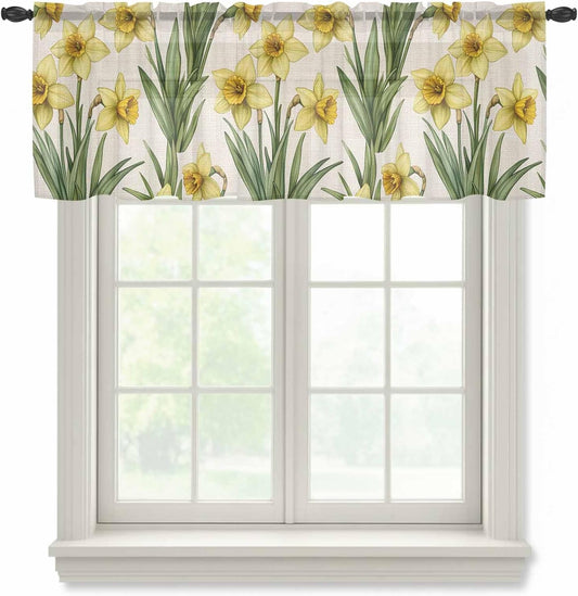 Spring Yellow Flower Sheer Curtain 18 Inch Long Country Watercolor Floral Green Leaf Linen Light Filtering Rod Pocket Voile Curtain Valance for Bedroom Kitchen Cafe Window 54" W x 18" L