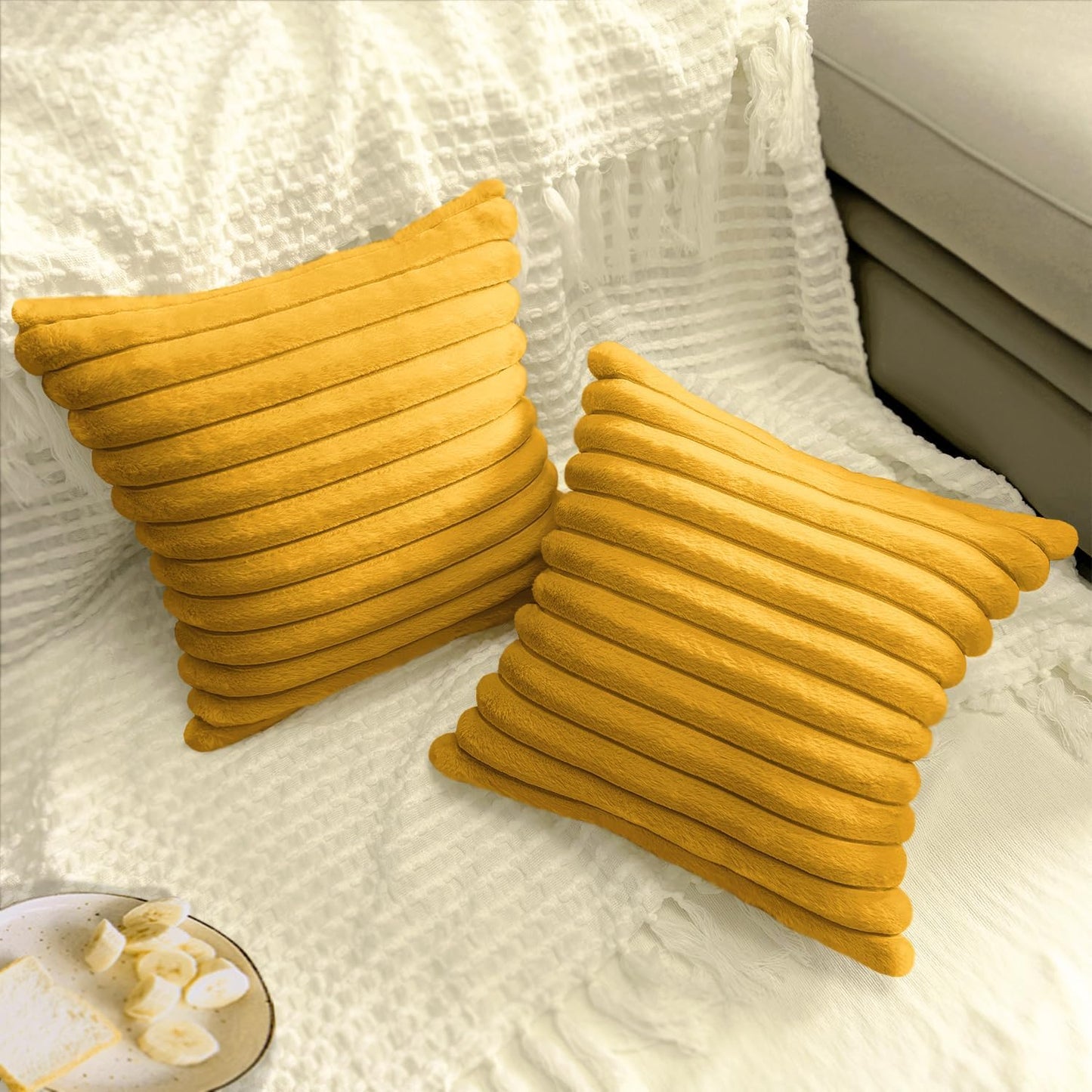 2 Pack 18x18 Pillow Cover Velvet Pillow Covers, Faux Fur Square Throw Pillow Covers for Living Room Decorations Throw Pillow Case, Throw Pillow Cover Cushion Cover for Sofa Bedroom Car, Mustard Yellow