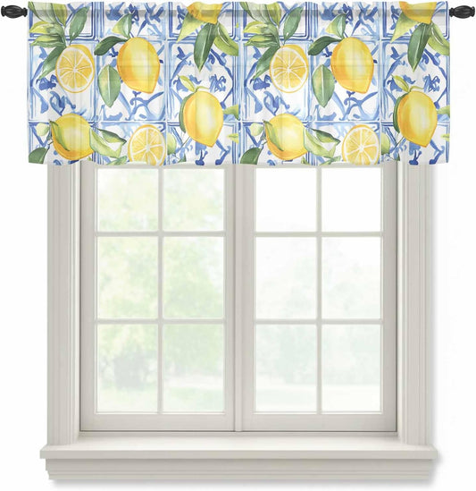 Farm Lemon Sheer Curtain 18 Inch Long Yellow Fruit Plant Vintage Blue Geometric Light Filtering Rod Pocket Voile Curtain Valance for Bedroom Kitchen Cafe Window 54" W x 18" L