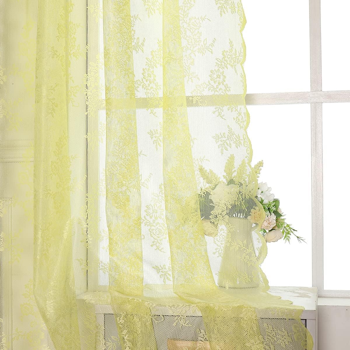 Yellow Lace Curtains for Bedroom 84 Inches Long Elegant French Rose Embroidered Sheer Curtain Panels Durable Floral Lace Fabric Grommet Window Treatment Drapes for Living Room, 55" w 2 Panels