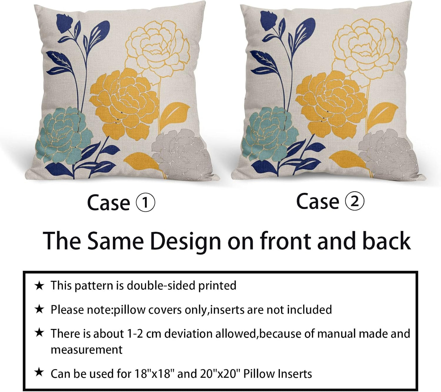 Flowers Outdoor Pillow Covers 18x18 Set of 2, Teal Grey Mustard Yellow Floral Decorative Throw Pillows Cover,Spring Summer Navy blue Leaf Linen Square Pillowcase Decor Gifts for Home Patio Couch Sofa