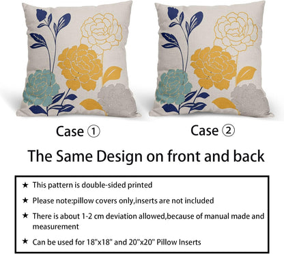 Flowers Outdoor Pillow Covers 18x18 Set of 2, Teal Grey Mustard Yellow Floral Decorative Throw Pillows Cover,Spring Summer Navy blue Leaf Linen Square Pillowcase Decor Gifts for Home Patio Couch Sofa