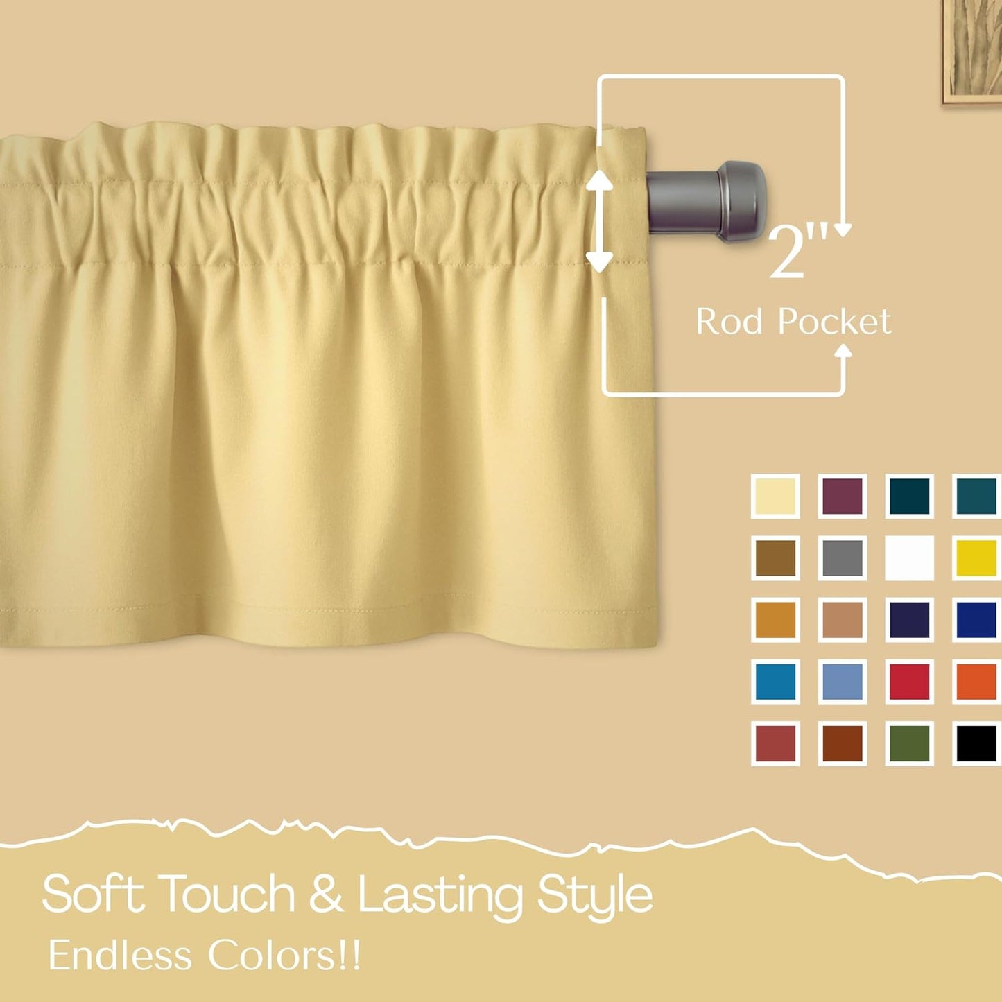 Native Fab 3 Piece Window Curtain Tiers 26"x36" and Valance 54"x18" Set - Rod Pocket - Semi Sheer - Short Curtain for Kitchen, Cafe, Living Room - Pale Yellow