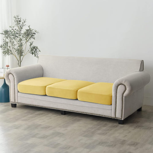 CONRUSER Stretch Cushion Cover, Soft Velvet Plush Cushion Slipcover Seat Sofa Covers Furniture Protector with Elastic Bottom (Yellow, 3)