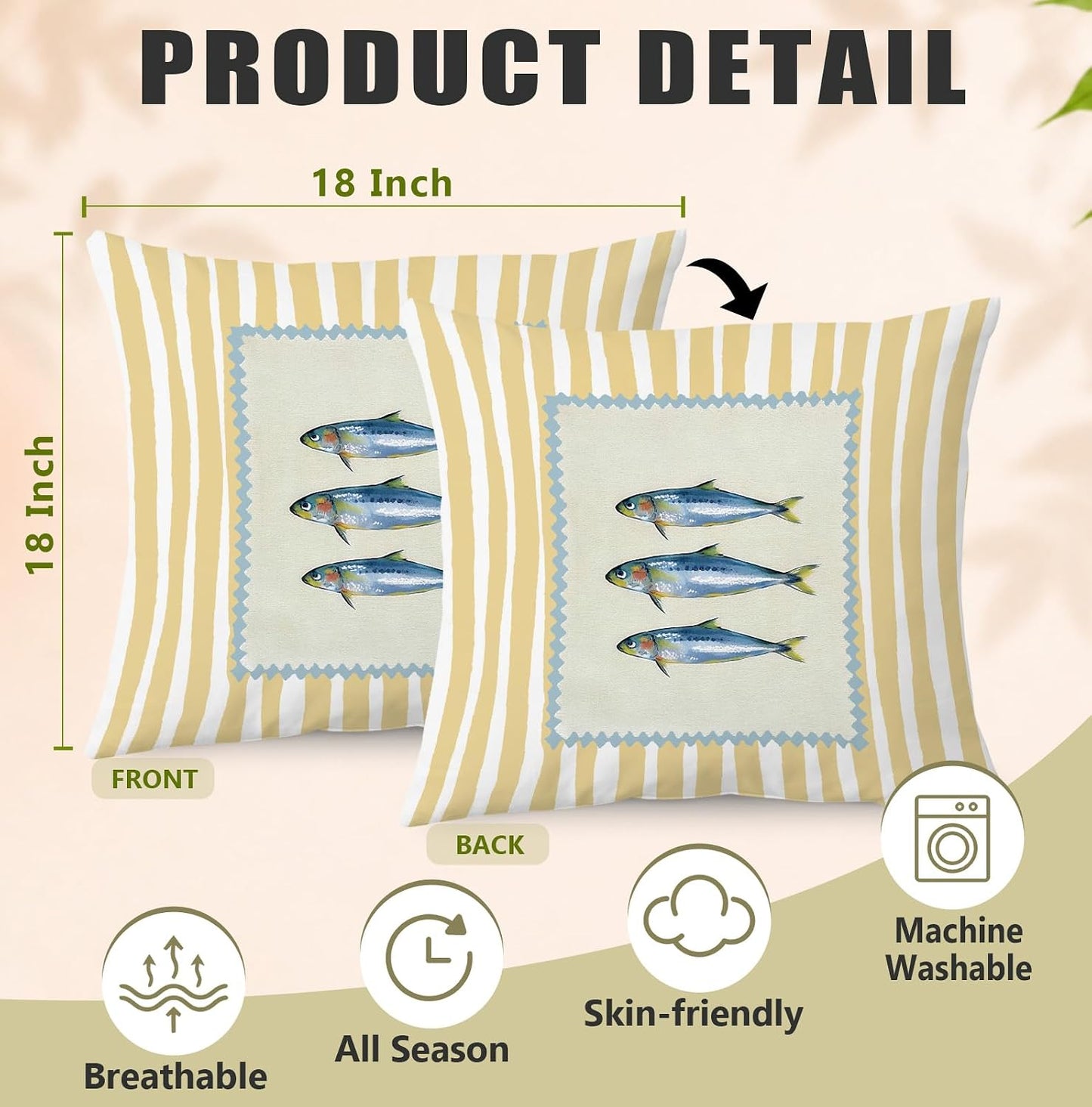 Sardine Fish Coastal Beach Pillow Cover 18x18, Beach House Decor, Trendy Fish Fishing Yellow Striped Decorative Throw Pillow Cover for Home Bedroom Living Room