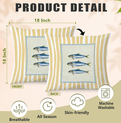 Sardine Fish Coastal Beach Pillow Cover 18x18, Beach House Decor, Trendy Fish Fishing Yellow Striped Decorative Throw Pillow Cover for Home Bedroom Living Room