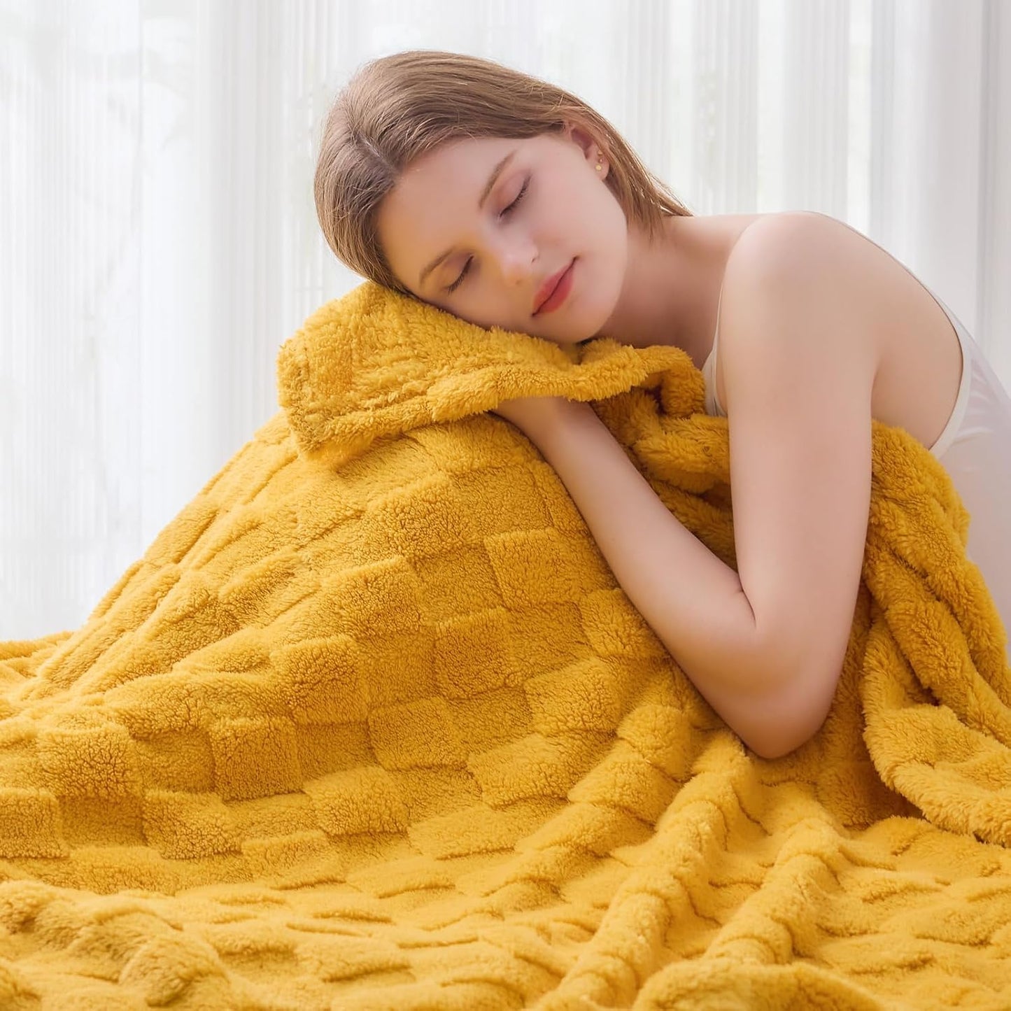 NEWCOSPLAY Super Soft Throw Blanket Mustard Yellow Premium Silky Flannel Fleece 3D Checkered Lightweight Bed Blanket All Season Use (Mustard Yellow Checkered, Throw(50"x70"))