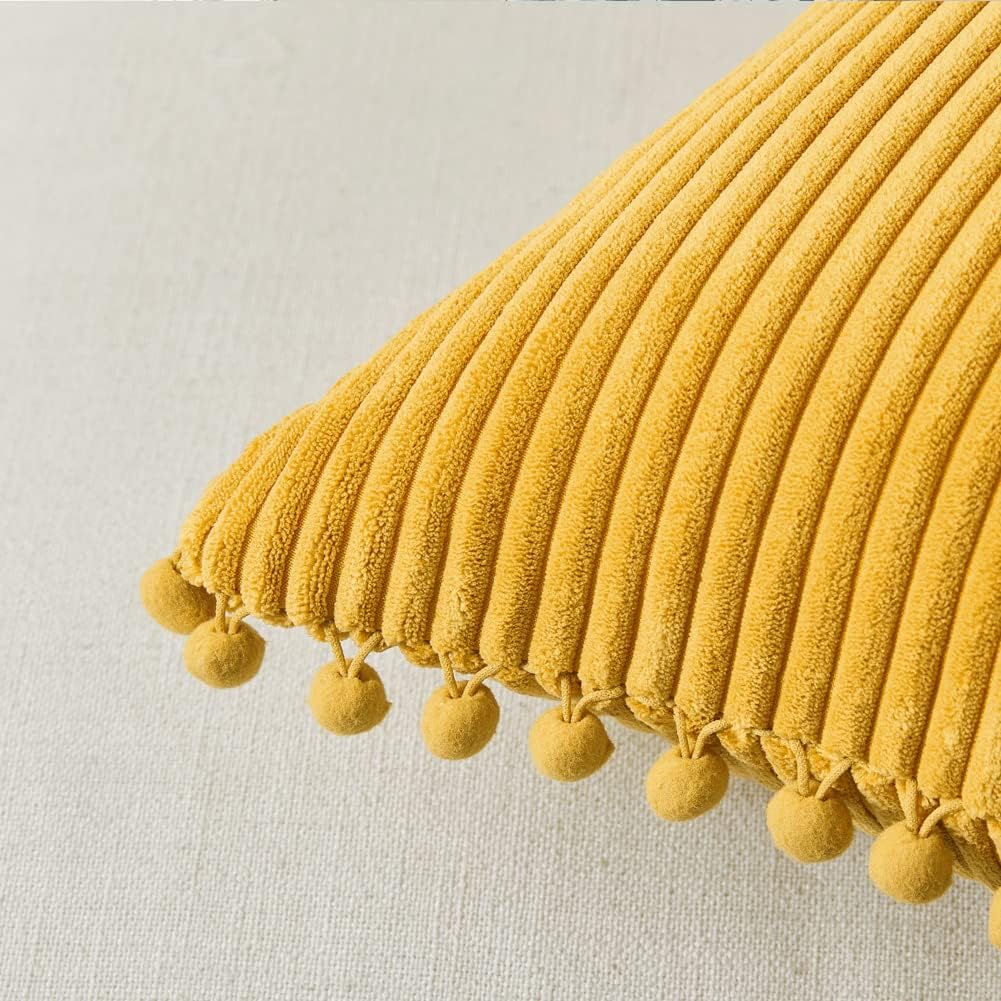 Fancy Homi Pack of 2 Mustard Yellow Fall Decorative Throw Pillow Covers 18x18 Inch with Pom-poms for Living Room Couch Bedroom, Soft Corduroy Solid Square Cushion Case 45x45 cm, Boho Home Decor