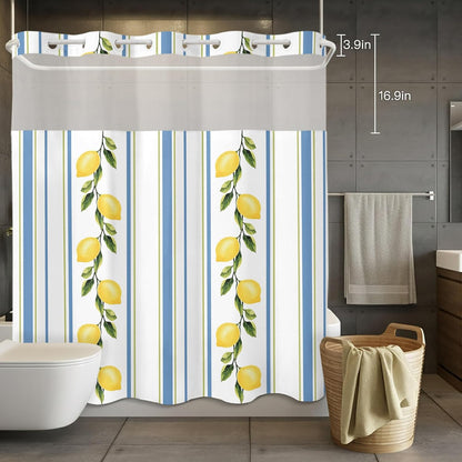 QueenKer Lemon Striped Shower Curtains Set Yellow Fruit Blue White No Hook Shower Curtains with Snap in Liner 72" x 72" Waterproof Fabric See Through Top Sheer Window for Bathroom Shower Room