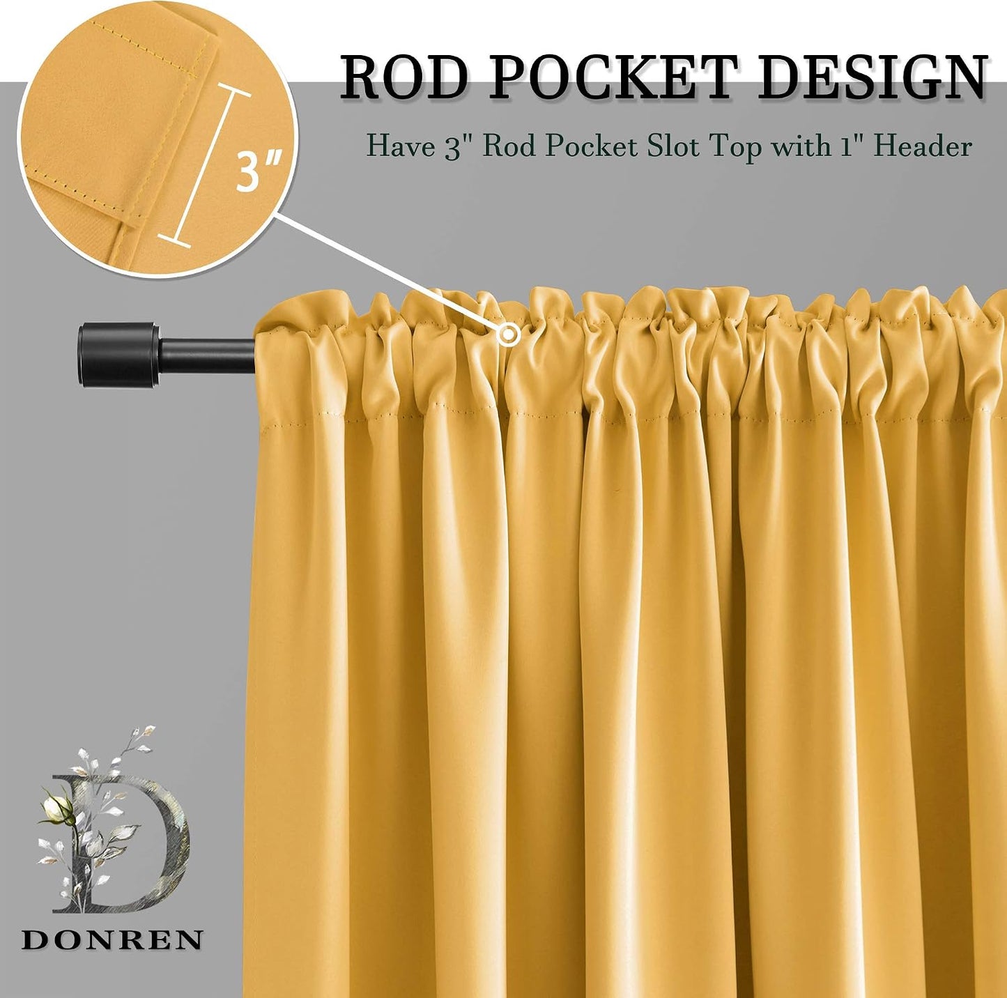 DONREN 36 Inch Gold Yellow Small Window Curtains - Blackout Room Darkening Curtain Tiers with Rod Pocket,Set of 2 Panels