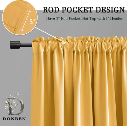 DONREN 36 Inch Gold Yellow Small Window Curtains - Blackout Room Darkening Curtain Tiers with Rod Pocket,Set of 2 Panels
