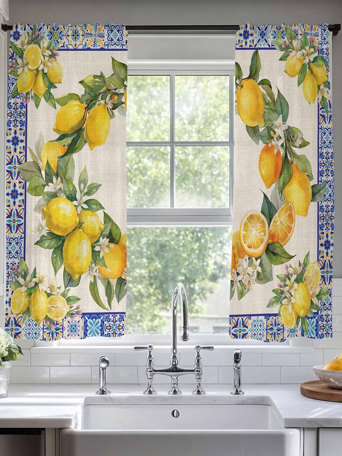 Summer Lemons Semi Sheer Curtains 72 inch length 2 panels set Vintage Yellow Fruit Flower Blue Ethnic Plaid Kitchen Curtains Rod Pocket Sheer Drapes for Bedroom Living Room, Voile Window Treatment