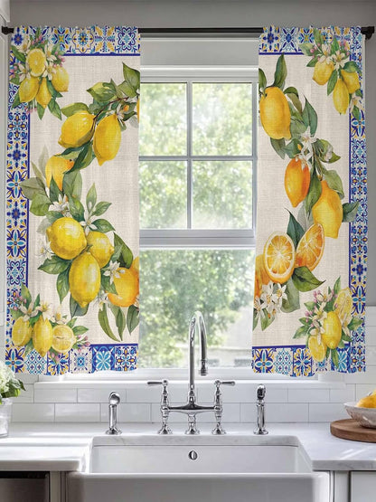 Summer Lemons Semi Sheer Curtains 72 inch length 2 panels set Vintage Yellow Fruit Flower Blue Ethnic Plaid Kitchen Curtains Rod Pocket Sheer Drapes for Bedroom Living Room, Voile Window Treatment