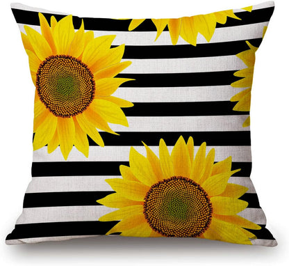 Solekla Black and White Striped Sunflower Creative Yellow Decorative Throw Pillow Cover Cotton Linen Throw Pillow Case Cushion Cover Home Décor Sofa Decorative Pillow 18 X 18 Inch