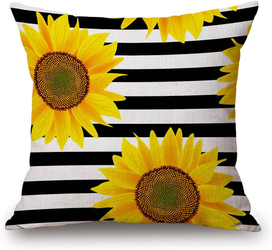 Solekla Black and White Striped Sunflower Creative Yellow Decorative Throw Pillow Cover Cotton Linen Throw Pillow Case Cushion Cover Home Décor Sofa Decorative Pillow 18 X 18 Inch
