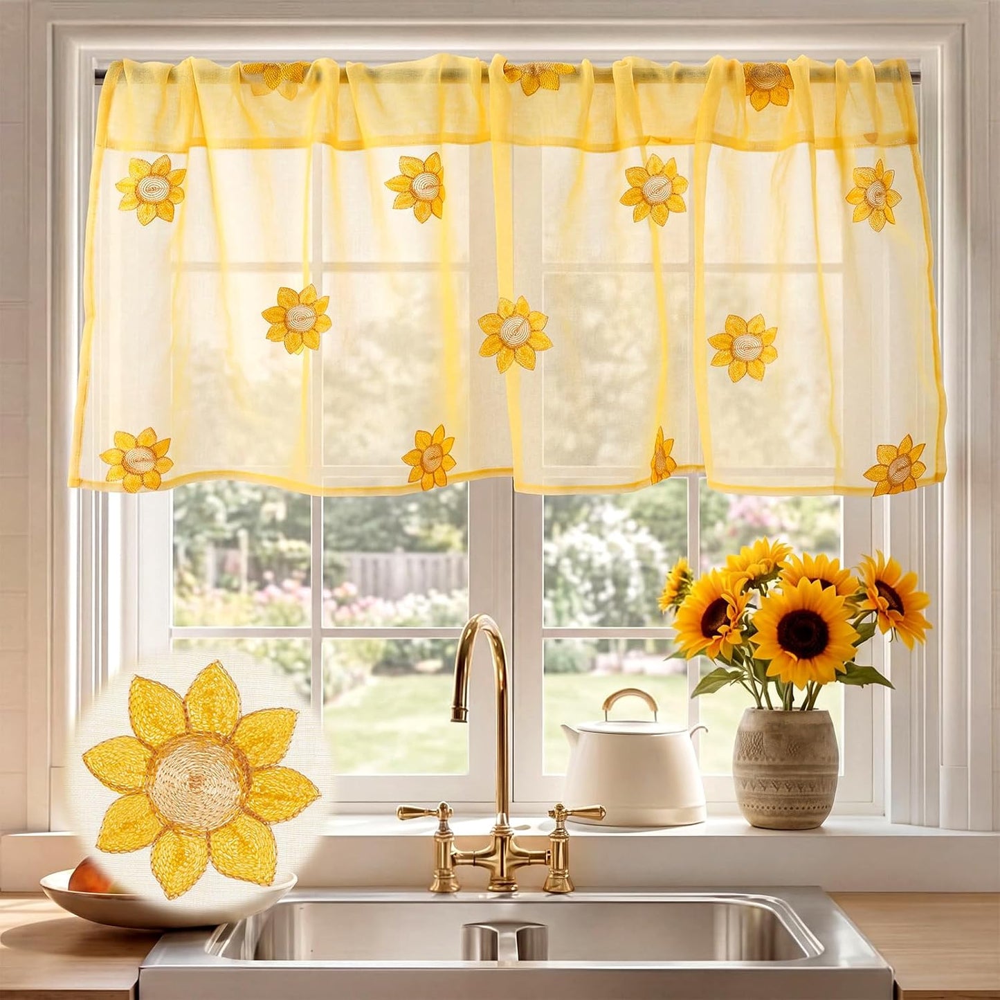 Tegeme 1 Panel Yellow Sunflowers Sheer Valances for Windows 52 x 18 Inch Embroidered Decorative Valances Curtain for Small Window Kitchen Bathroom Living Room Rod Pocket Voile Curtain Decor