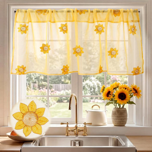 Tegeme 1 Panel Yellow Sunflowers Sheer Valances for Windows 52 x 18 Inch Embroidered Decorative Valances Curtain for Small Window Kitchen Bathroom Living Room Rod Pocket Voile Curtain Decor