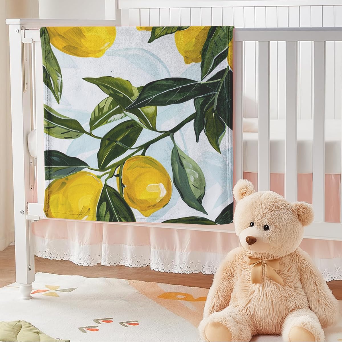 Lemon Throw Blanket, Yellow Fruits Green Leaves Pattern, Decorative Blankets Fuzzy Gifts for Sofa Couch Bedroom (40" x 30")