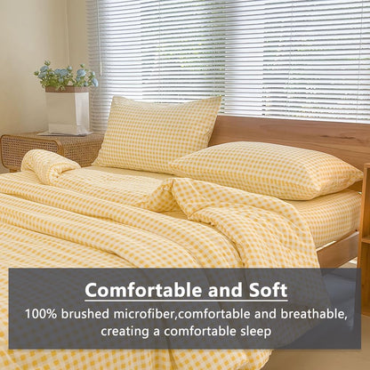 NSNLGSGC King Size Comforter Set, Yellow Gingham Bedding Comforter Sets, Yellow Grid Bed Comforter 3 Pieces (1 Comforter, 2 Pillowcases)