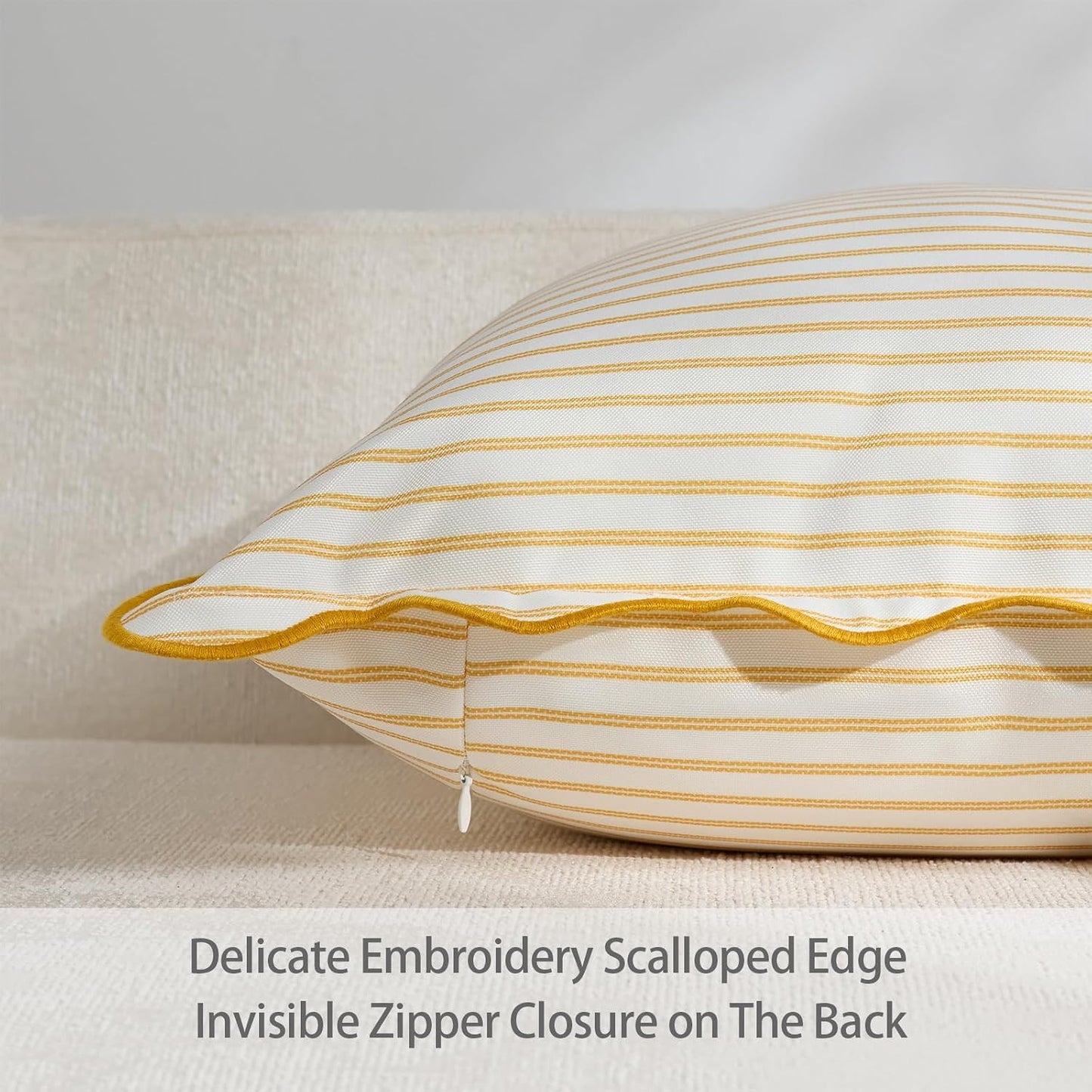 DEZENE 18x18 Yellow Outdoor Pillow Covers Pack of 2, Striped Scalloped Coastal Farmhouse Water Resistant Throw Pillow Cases Cushion Cover for Patio and Porch Decor