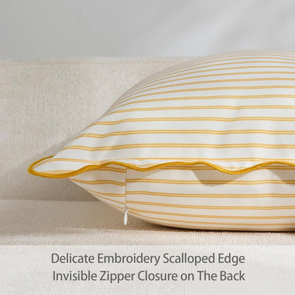 DEZENE 18x18 Yellow Outdoor Pillow Covers Pack of 2, Striped Scalloped Coastal Farmhouse Water Resistant Throw Pillow Cases Cushion Cover for Patio and Porch Decor