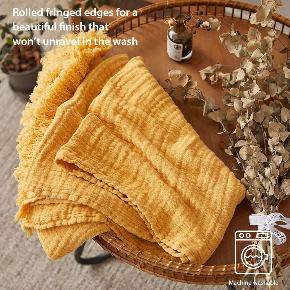 Simple&Opulence Cotton Muslin Throw Blanket for Bed, Couch, Knit Woven Gauze Blanket with Tassels, Soft Lightweight Cozy Pre-Washed Breathable Farmhouse Decoration for All-Season (Yellow)