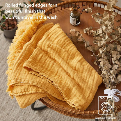 Simple&Opulence Cotton Muslin Throw Blanket for Bed, Couch, Knit Woven Gauze Blanket with Tassels, Soft Lightweight Cozy Pre-Washed Breathable Farmhouse Decoration for All-Season (Yellow)