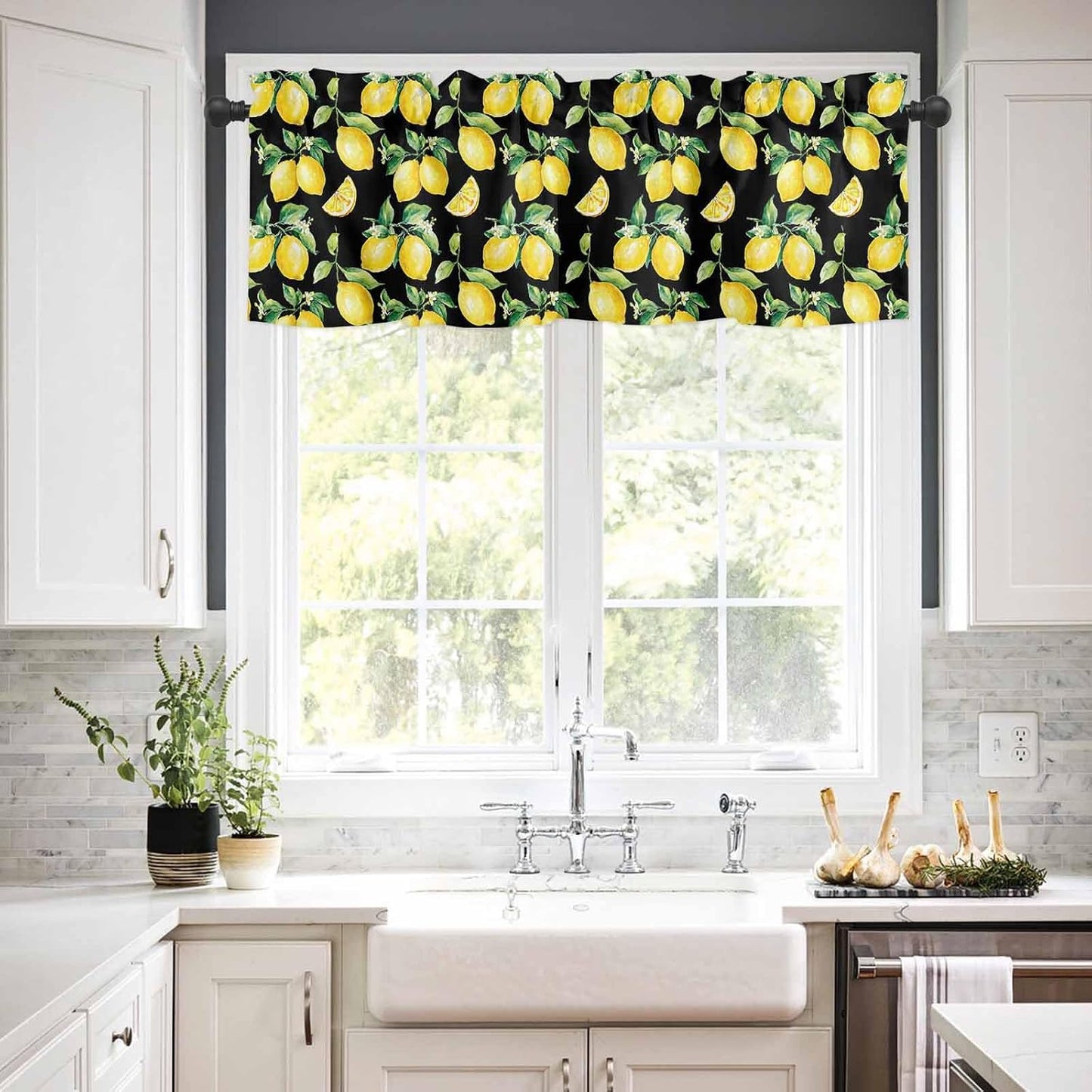 Semi Sheer Kitchen Curtains and Valances Set Summer Yellow Lemon Watercolor Style Black Valance and Tier Curtains 3 Piece, Rod Pocket Window Valances Short Drapes for Bedroom Living Room