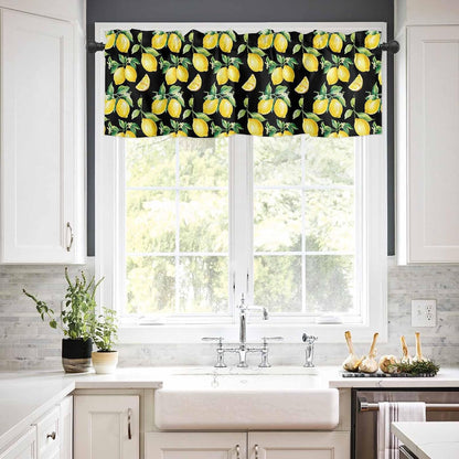 Semi Sheer Kitchen Curtains and Valances Set Summer Yellow Lemon Watercolor Style Black Valance and Tier Curtains 3 Piece, Rod Pocket Window Valances Short Drapes for Bedroom Living Room