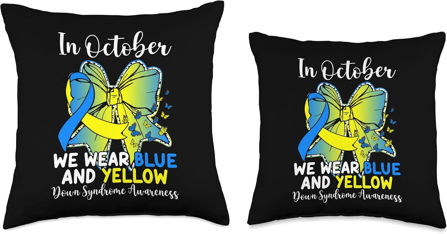 Bow Butterfly Down Syndrome in October We Wear Blue & Yellow Throw Pillow