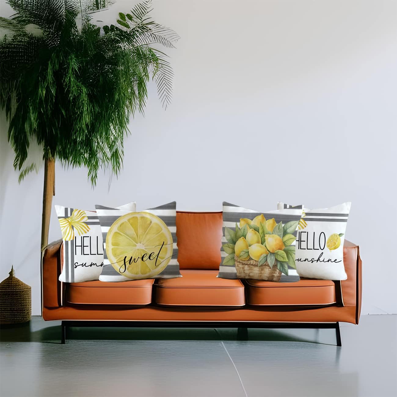 Pillow Covers 18x18 Set of 4 Grey Stripe Lemon Sweet Hello Sunshine Summer Throw Pillows Decorative Cushion Cases Summer Decorations Farmhouse Decor for Home Decor (18''x18'', Yellow)