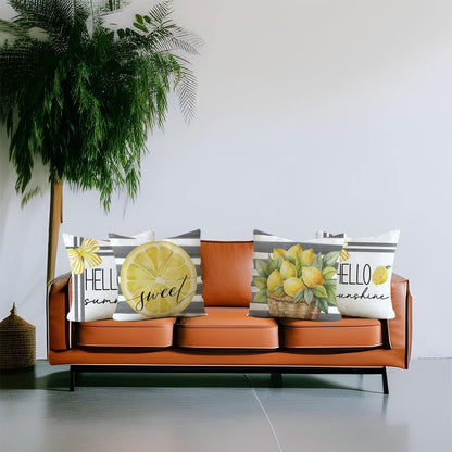 Pillow Covers 18x18 Set of 4 Grey Stripe Lemon Sweet Hello Sunshine Summer Throw Pillows Decorative Cushion Cases Summer Decorations Farmhouse Decor for Home Decor (18''x18'', Yellow)