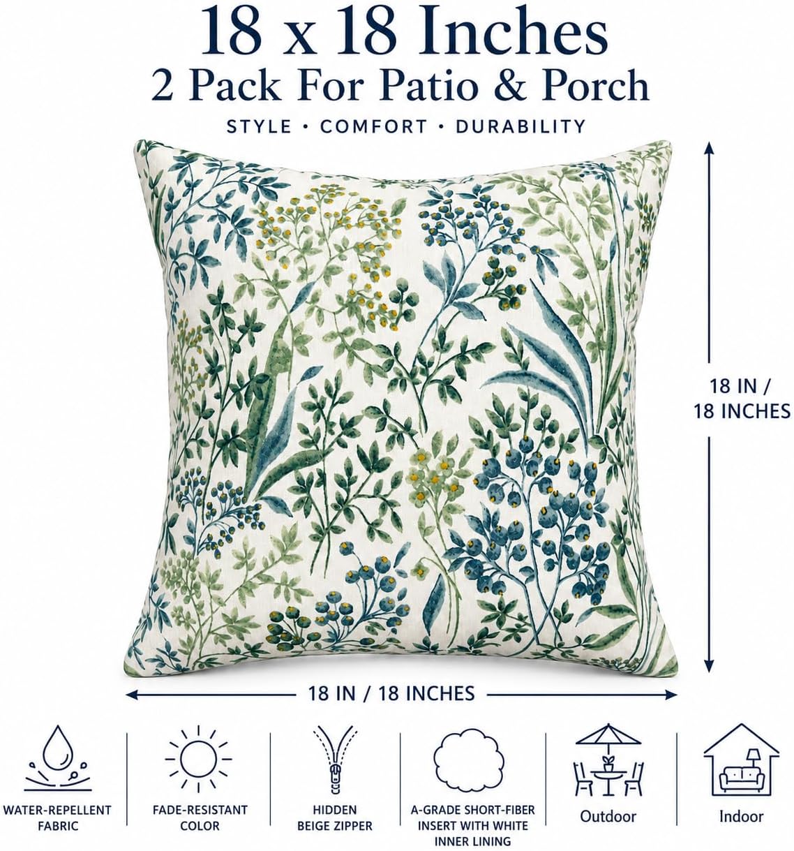 Outdoor Pillows 18×18 Inch | Pack of 2 Waterproof Decorative Throw Pillows with Inserts, Square Pillows for Bed, Couch, Sofa and Patio Furniture